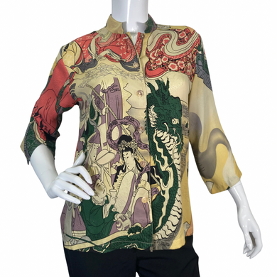 Citron Illustrated Beige Dragon Blouse features a bold, artistic design inspired by traditional Asian art - front view