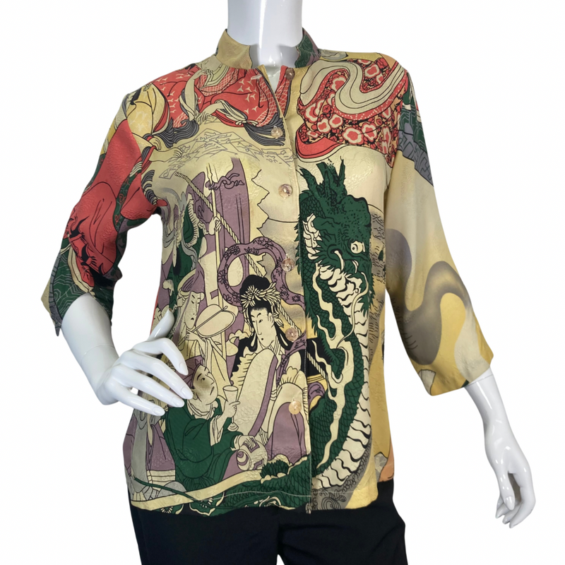 Load image into Gallery viewer, Citron Illustrated Beige Dragon Blouse features a bold, artistic design inspired by traditional Asian art - front view
