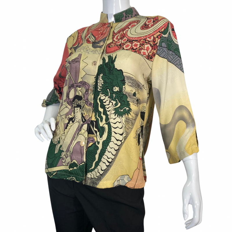 Load image into Gallery viewer, Citron Illustrated Beige Dragon Blouse features a bold, artistic design inspired by traditional Asian art - side view
