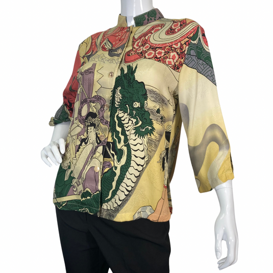 Citron Illustrated Beige Dragon Blouse features a bold, artistic design inspired by traditional Asian art - side view