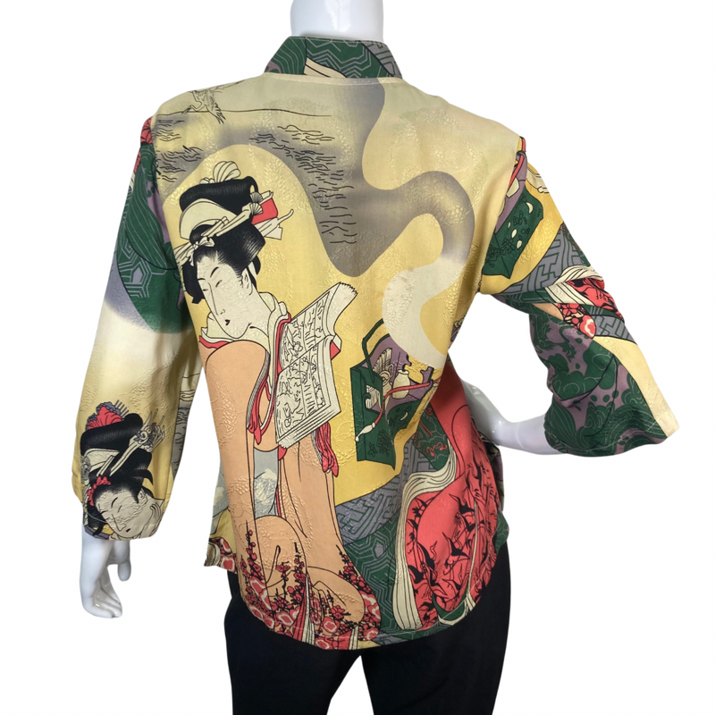 Load image into Gallery viewer, Citron Illustrated Beige Dragon Blouse features a bold, artistic design inspired by traditional Asian art - backside view
