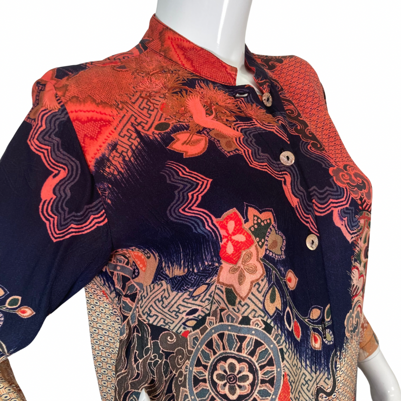 Load image into Gallery viewer, Citron Electric Blouse with Mix of Patterns and Colors showcases a patchwork of intricate designs, including floral, geometric, and traditional Asian motifs - close-up view
