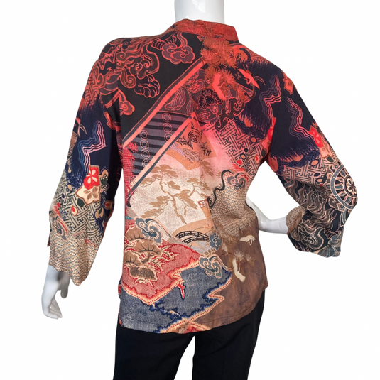 Citron Electric Blouse with Mix of Patterns and Colors showcases a patchwork of intricate designs, including floral, geometric, and traditional Asian motifs backside view