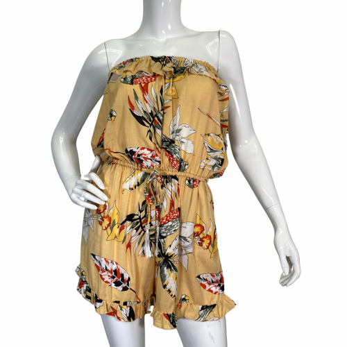 donated Bird Ruffle Gold Romper from Lani Lau Hawaii strapless design front view