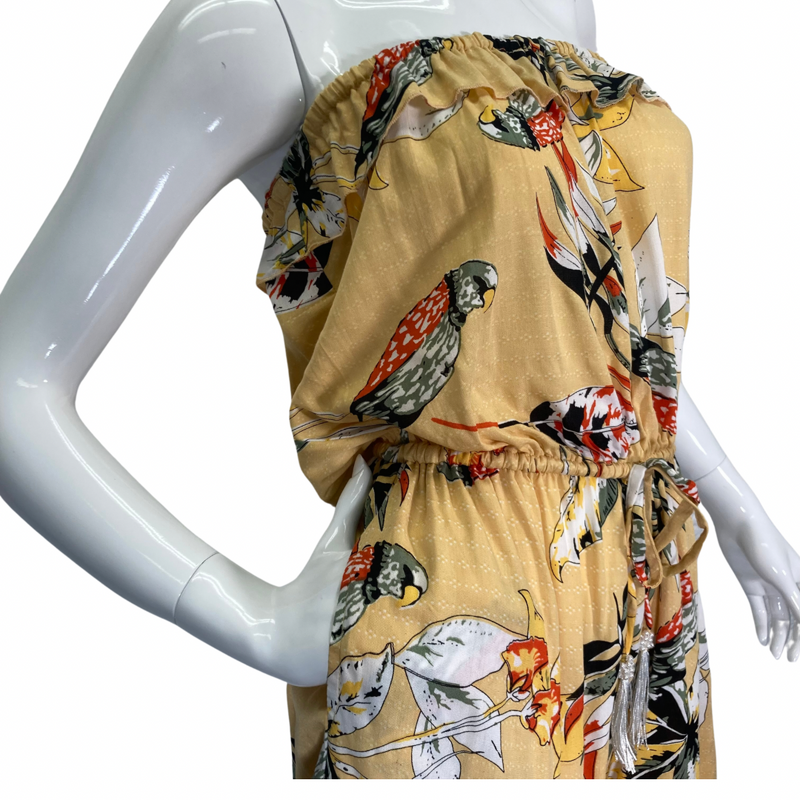 Load image into Gallery viewer, donated Bird Ruffle Gold Romper from Lani Lau Hawaii strapless design - close-up view
