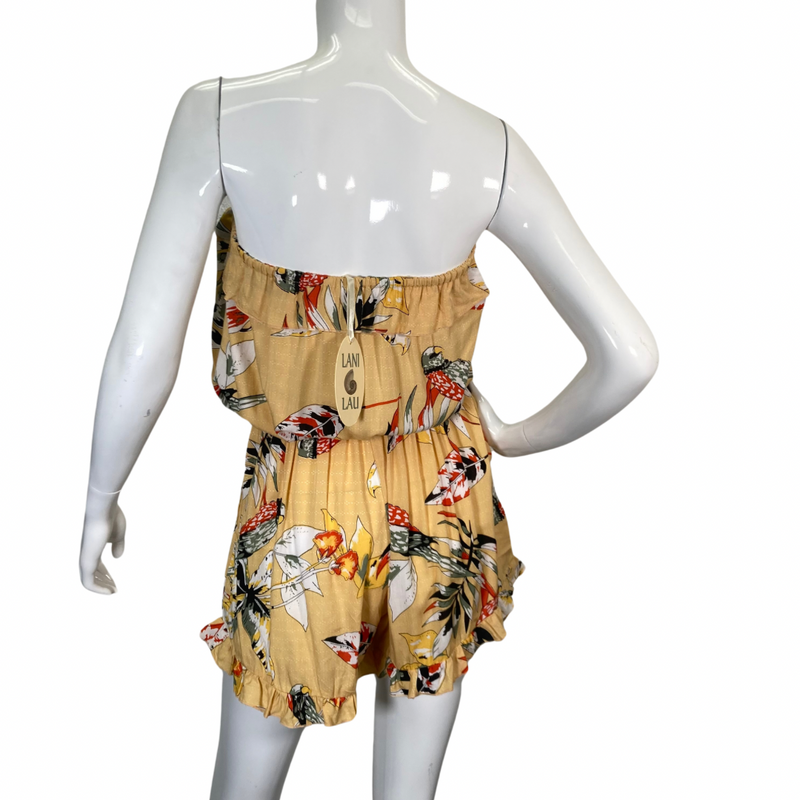 Load image into Gallery viewer, donated Bird Ruffle Gold Romper from Lani Lau Hawaii strapless design - backside view
