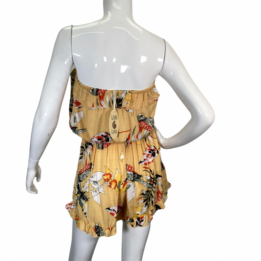 donated Bird Ruffle Gold Romper from Lani Lau Hawaii strapless design - backside view