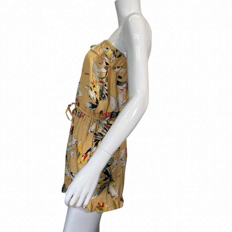 Load image into Gallery viewer, donated Bird Ruffle Gold Romper from Lani Lau Hawaii strapless design - side view
