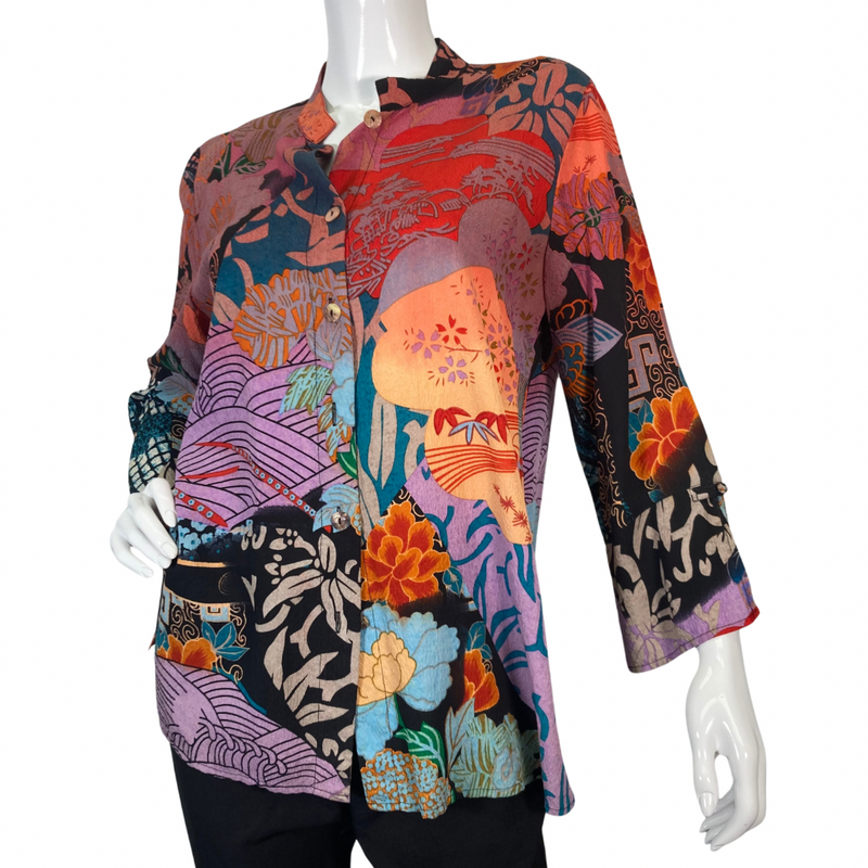 Load image into Gallery viewer, Citron Vibrant Pink and Purple Collage Blouse has a bold, artistic design with a mix of colors - front view
