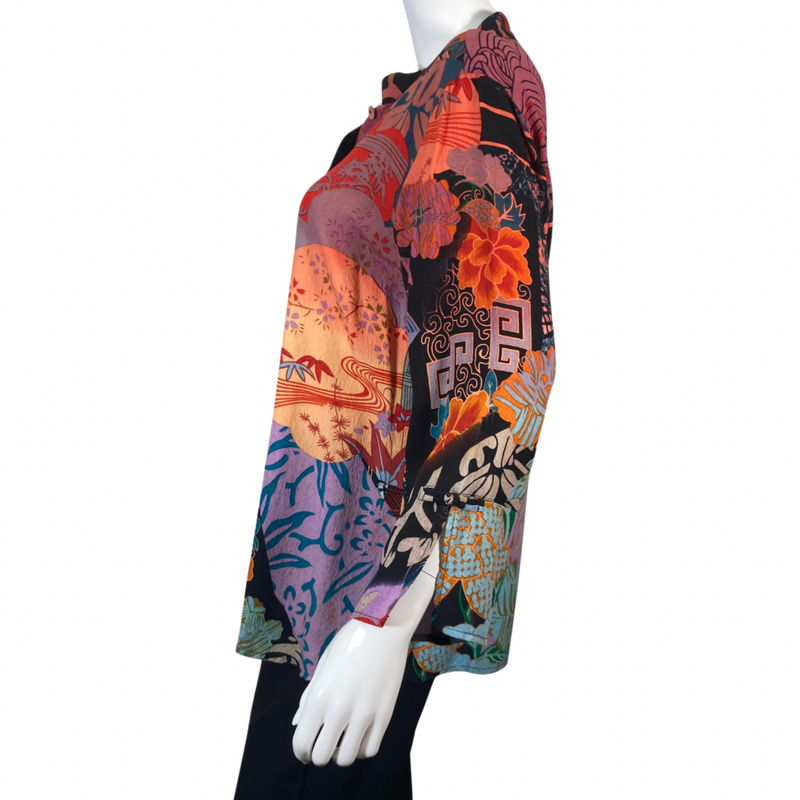 Load image into Gallery viewer, Citron Vibrant Pink and Purple Collage Blouse has a bold, artistic design with a mix of colors - side view
