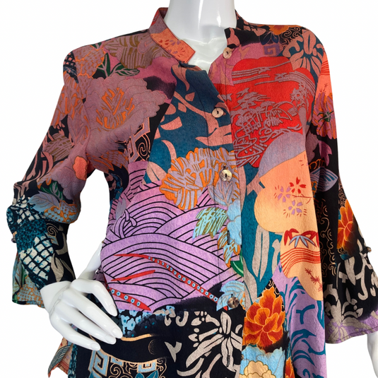 Citron Vibrant Pink and Purple Collage Blouse has a bold, artistic design with a mix of colors - close-up view