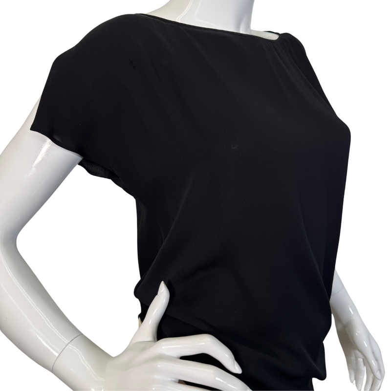 Load image into Gallery viewer, Giorgio Armani Black Sheer Silk Blouse is a sleek, black blouse with a minimalist design - side view close uo
