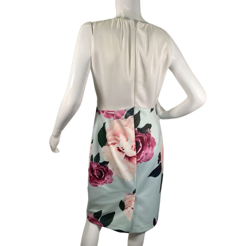 Load image into Gallery viewer, Ted Baker Elegant Dress in White and Baby Blue with Delicate Roses is knee-length sheath dress featuring a sophisticated design - backside view
