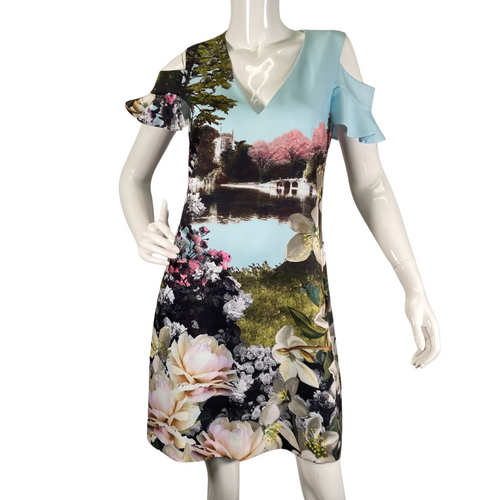 Ted Baker Dress in Light Blue with Lakescape and Floral Garden is a stylish short-sleeve dress featuring a vibrant nature-inspired print - front view