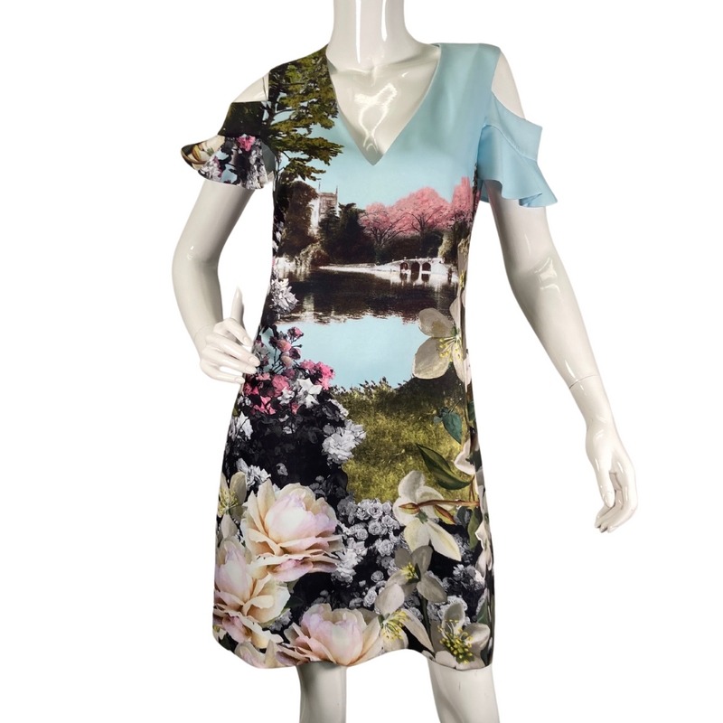 Load image into Gallery viewer, Ted Baker Dress in Light Blue with Lakescape and Floral Garden&nbsp;is a stylish short-sleeve dress featuring a vibrant nature-inspired print - front view
