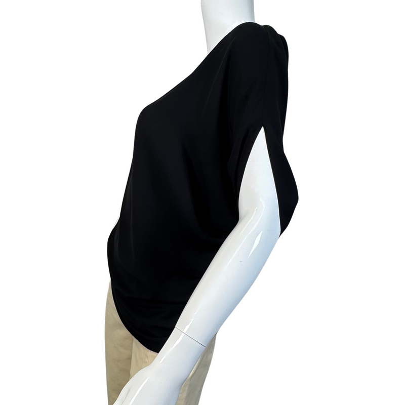 Load image into Gallery viewer, Giorgio Armani Black Sheer Silk Blouse is a sleek, black blouse with a minimalist design - side view
