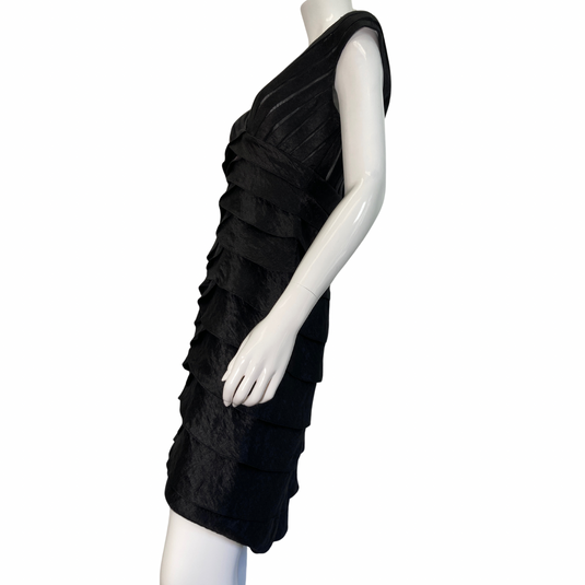 Adrianna Papell Unique Layered Black Dress on mannequin side view