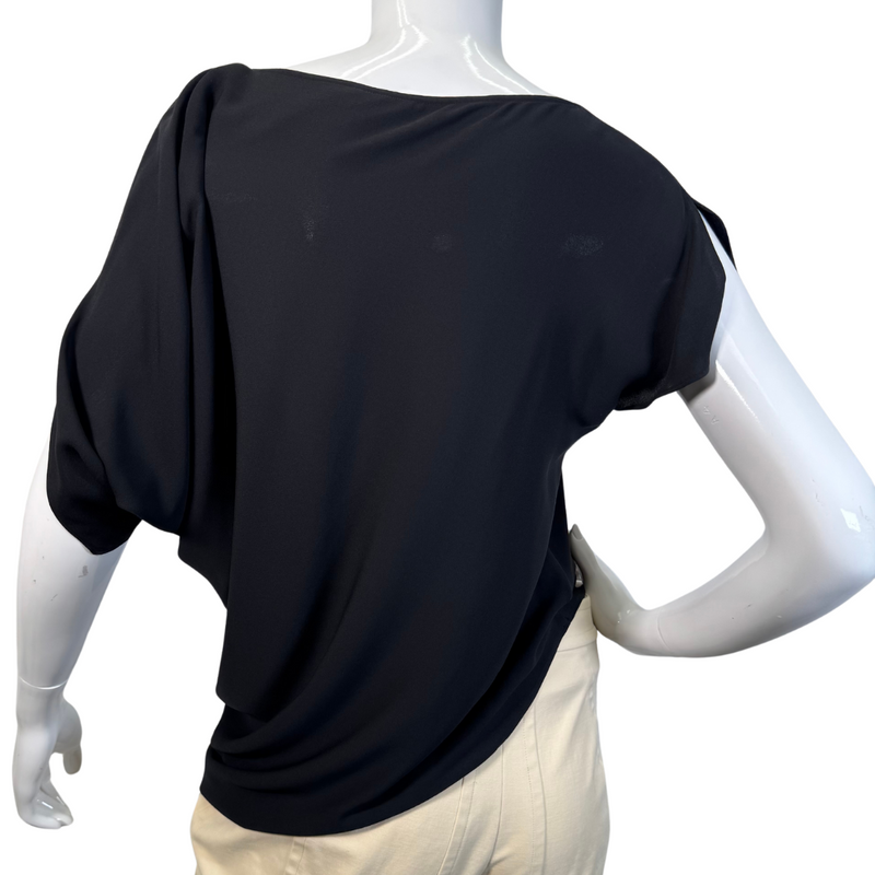 Load image into Gallery viewer, Giorgio Armani Black Sheer Silk Blouse is a sleek, black blouse with a minimalist design - backside view
