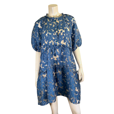 Anthropologie Maeve Blue Jacquard Tiered Dress on mannequin front view