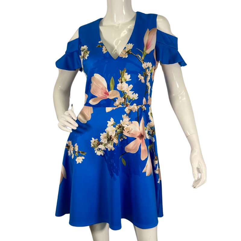 Load image into Gallery viewer, charming pre-loved Ted Baker Rich Blue Dress in White Delicate Florals,  featuring large magnolia blossoms and delicate white flowers - front view
