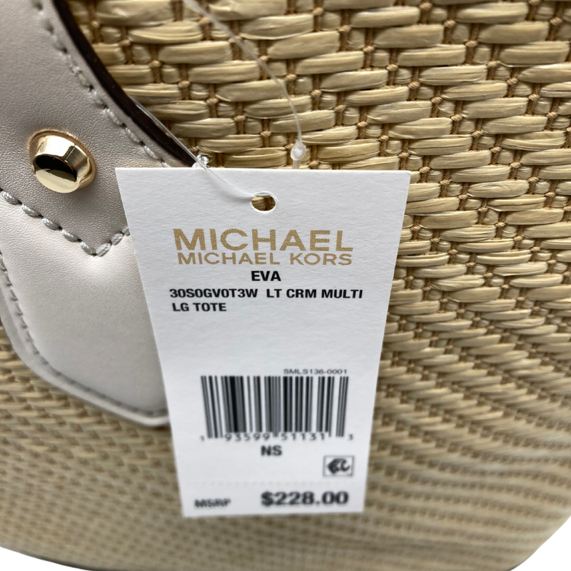 Load image into Gallery viewer, Michael Kors Woven Cream Tote Bag is a designer tote bag. It features a beige woven straw texture with cream-colored leather accents along the edges and handles
