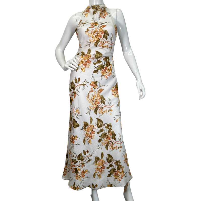 Load image into Gallery viewer,  preloved Reformation Floral Linen Maxi Dress is an elegant, sleeveless, high-neck, maxi dress with a beautiful floral print - full front view
