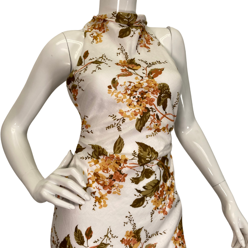 Load image into Gallery viewer,  preloved Reformation Floral Linen Maxi Dress is an elegant, sleeveless, high-neck, maxi dress with a beautiful floral print - close up front view
