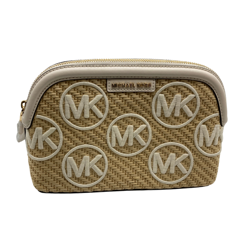 Load image into Gallery viewer, Michael Kors Woven Cream Travel Pouch is a chic clutch or small handbag with a woven straw-like texture, giving it a relaxed, summery vibe - front view
