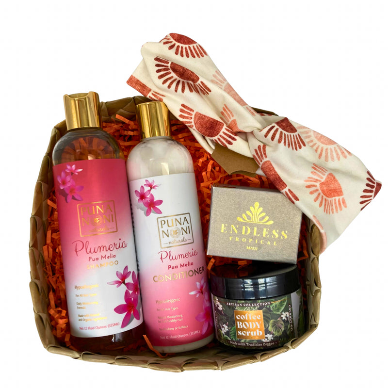 Load image into Gallery viewer, luxury spa basket featuring items from hawaii women small businesses, puna noni shampoo and conditioner, endless tropical maui soap, kudu made headbands, tradition coffee roasters scrub, shop small hawaii pamper yourself spa basket
