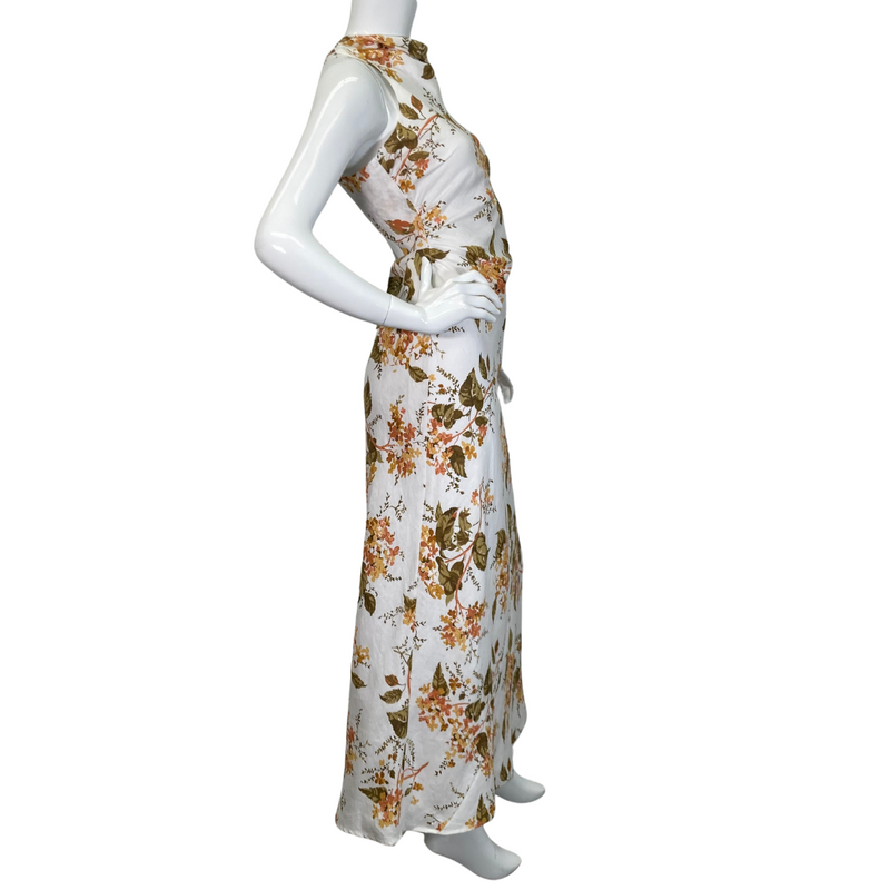 Load image into Gallery viewer,  preloved Reformation Floral Linen Maxi Dress is an elegant, sleeveless, high-neck, maxi dress with a beautiful floral print - full side view
