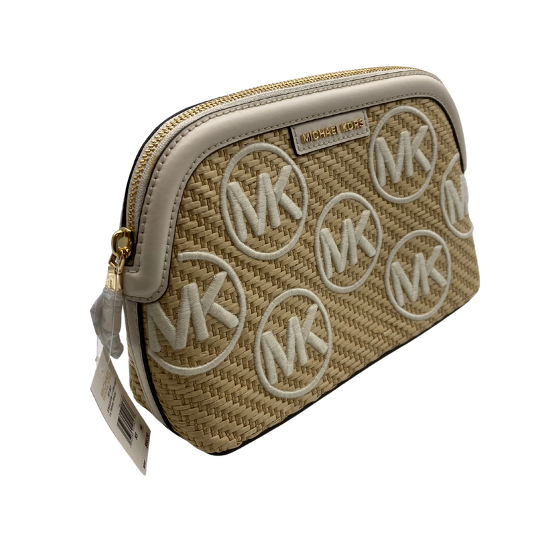 Load image into Gallery viewer, Michael Kors Woven Cream Travel Pouch is a chic clutch or small handbag with a woven straw-like texture, giving it a relaxed, summery vibe - side view
