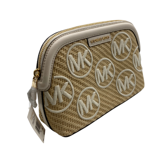 Michael Kors Woven Cream Travel Pouch is a chic clutch or small handbag with a woven straw-like texture, giving it a relaxed, summery vibe - side view