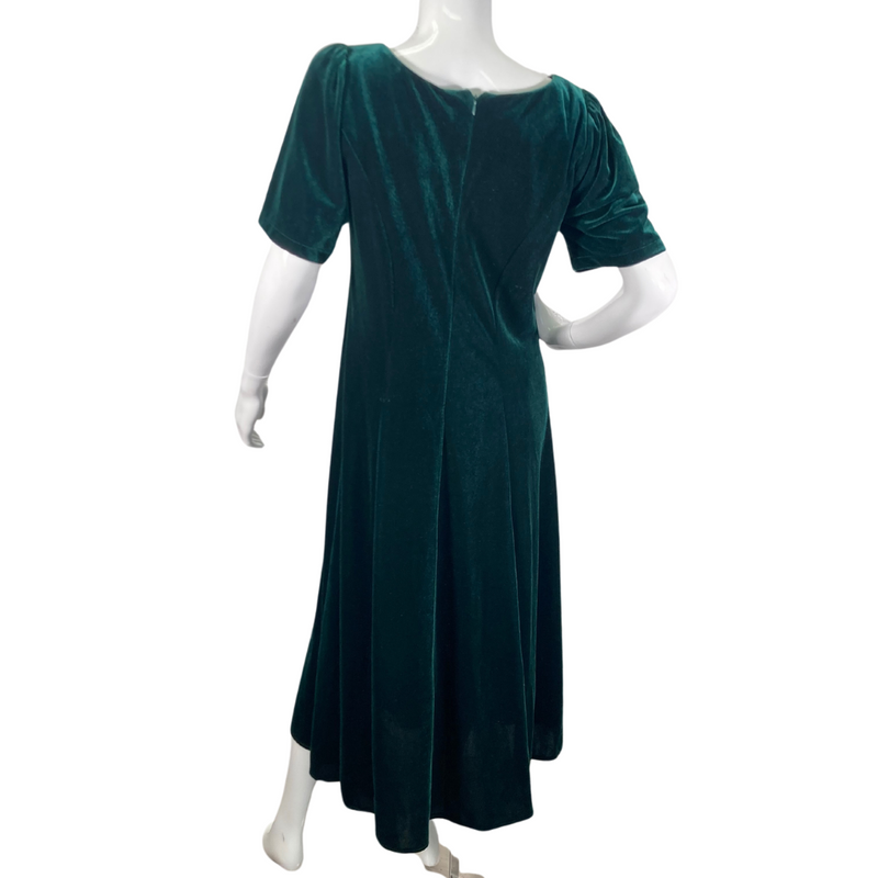 Load image into Gallery viewer, T &amp; L Muumuu Factory Green Velvet Dress is a sophisticated midi dress made from luxurious emerald green velvet - backside view
