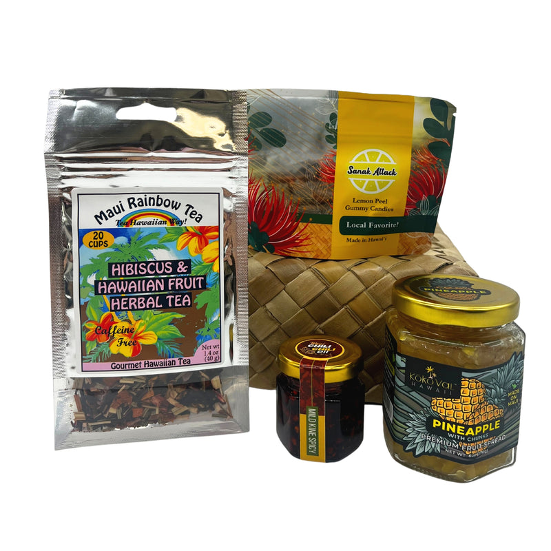 Load image into Gallery viewer, ShopYWCA Foodie Faves Basket with maui rainbow hibiscus &amp; hawaiian fruit herbal tea koko val hawaii pineapple premium fruit spread maui chili chili oil sanak attack lemon peel gummy candies
