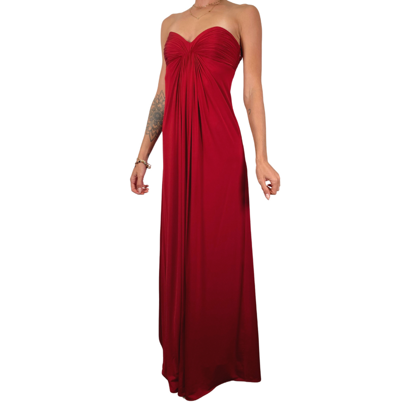 Load image into Gallery viewer, Laundry by Shelli Segall Red Floor Length Gown is an elegant strapless maxi dress in a striking deep red color - front full view
