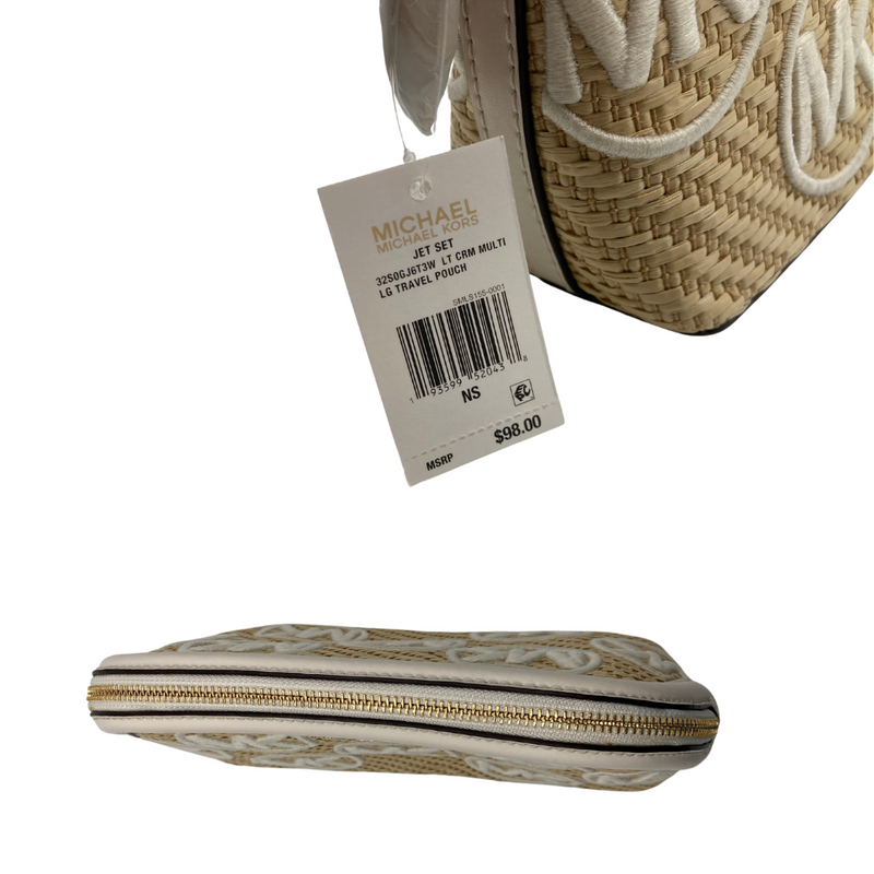 Load image into Gallery viewer, Michael Kors Woven Cream Travel Pouch is a chic clutch or small handbag with a woven straw-like texture, giving it a relaxed, summery vibe.
