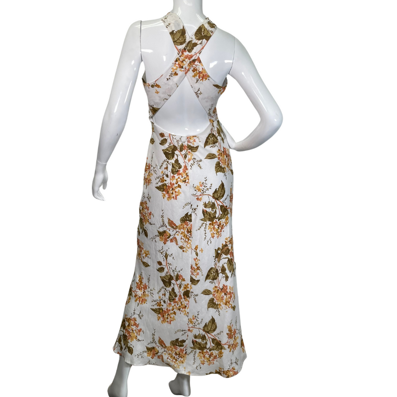 Load image into Gallery viewer,  preloved Reformation Floral Linen Maxi Dress is an elegant, sleeveless, high-neck, maxi dress with a beautiful floral print - full backside view 
