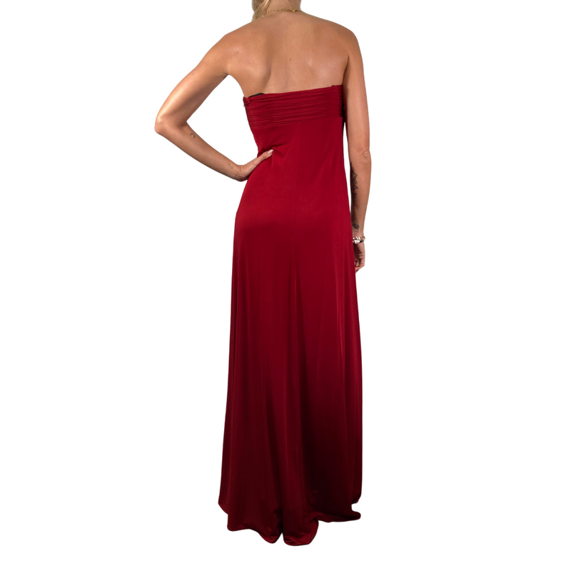 Load image into Gallery viewer, Laundry by Shelli Segall Red Floor Length Gown is an elegant strapless maxi dress in a striking deep red color - backside view
