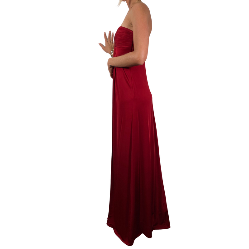 Load image into Gallery viewer, Laundry by Shelli Segall Red Floor Length Gown is an elegant strapless maxi dress in a striking deep red color - side view
