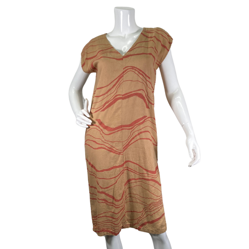 Load image into Gallery viewer, Tonle Brown Linen Dress with Orange Abstract Lines is a casual midi dress with an earthy, natural vibe - front view
