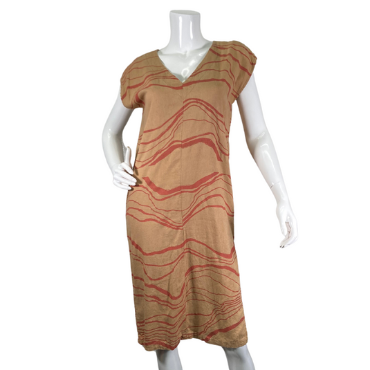 Tonle Brown Linen Dress with Orange Abstract Lines is a casual midi dress with an earthy, natural vibe - front view