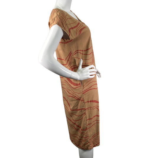 Tonle Brown Linen Dress with Orange Abstract Lines is a casual midi dress with an earthy, natural vibe - side view