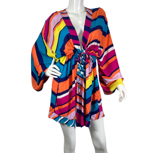 Trina Turk Bright Colorful Cover-Up is a colorful, bohemian-style mini dress featuring a bold, multi-colored stripe pattern in shades of orange, blue, pink, yellow, and purple - front view