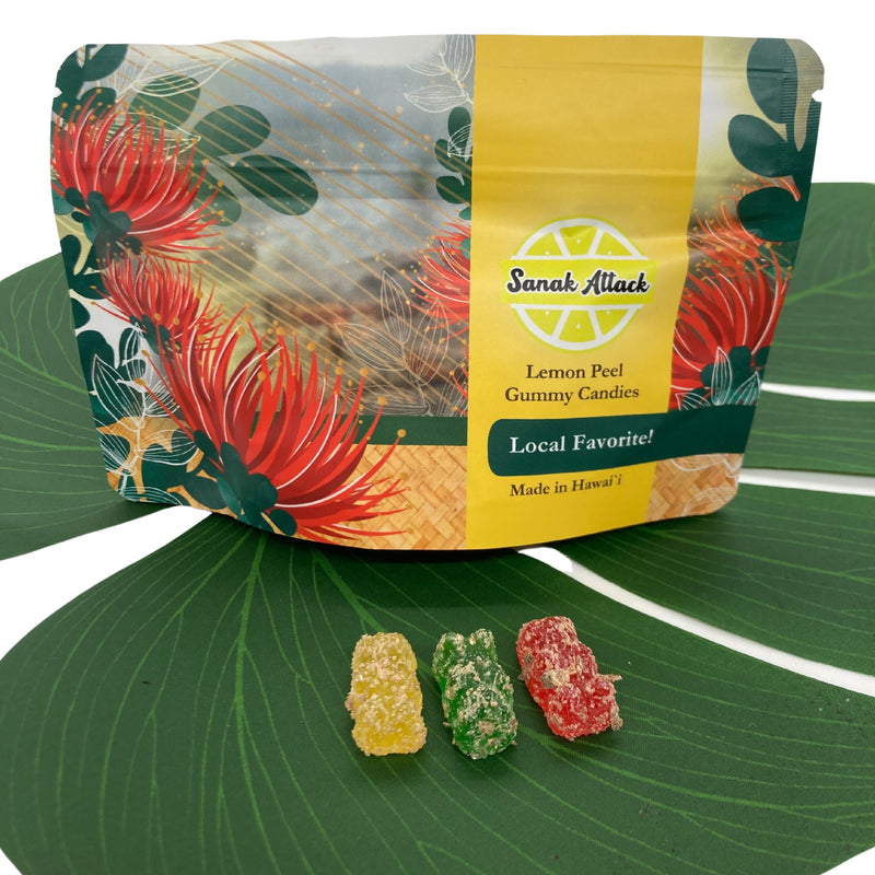 Load image into Gallery viewer, lemon peel gummy candies, sanak attack, gummies from big island wahine vendor, local small businesses hawaii, made in  hawai&#39;i
