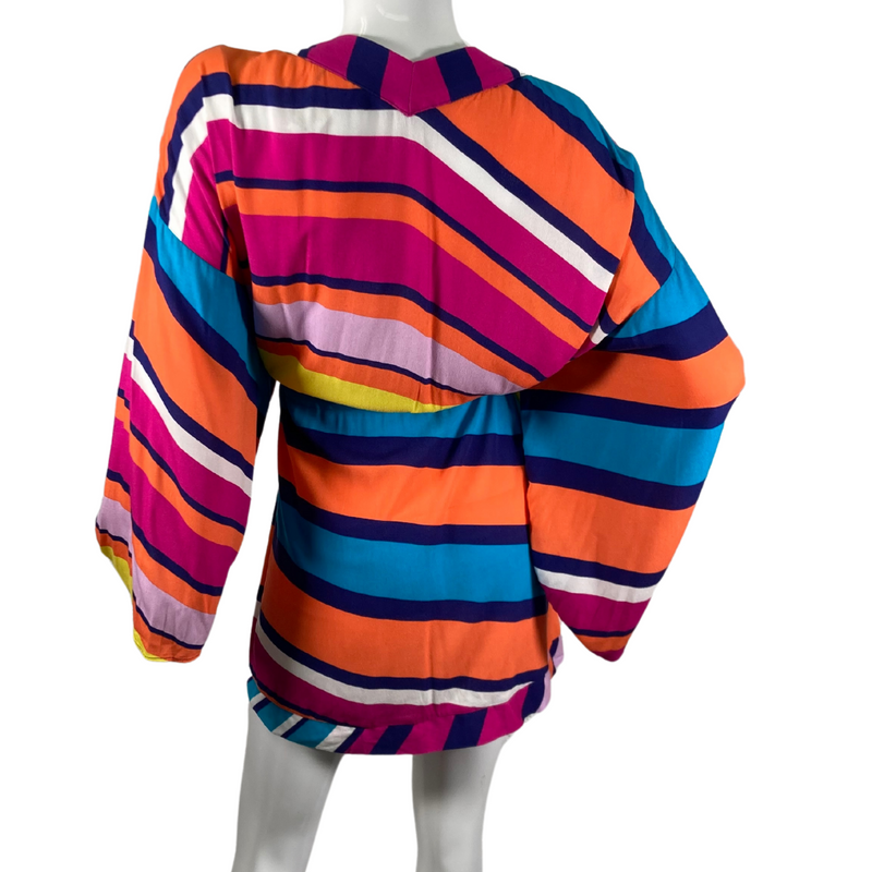 Load image into Gallery viewer, Trina Turk Bright Colorful Cover-Up is a colorful, bohemian-style mini dress featuring a bold, multi-colored stripe pattern in shades of orange, blue, pink, yellow, and purple - backside view
