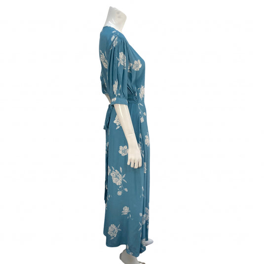 Marina & Company Blue and White Floral Wrap Dress on mannequin side view