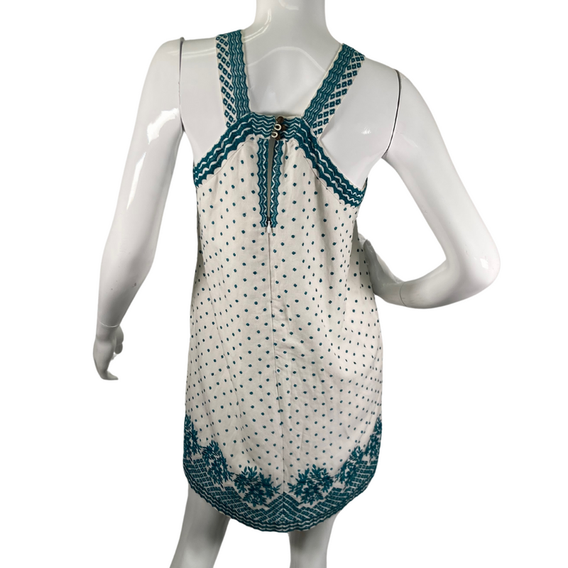 Load image into Gallery viewer, Maeve by Anthropologie White Linen Dress with Turquoise Embroidery is a sleeveless, halter-style mini dress with a vintage-inspired design - backside view
