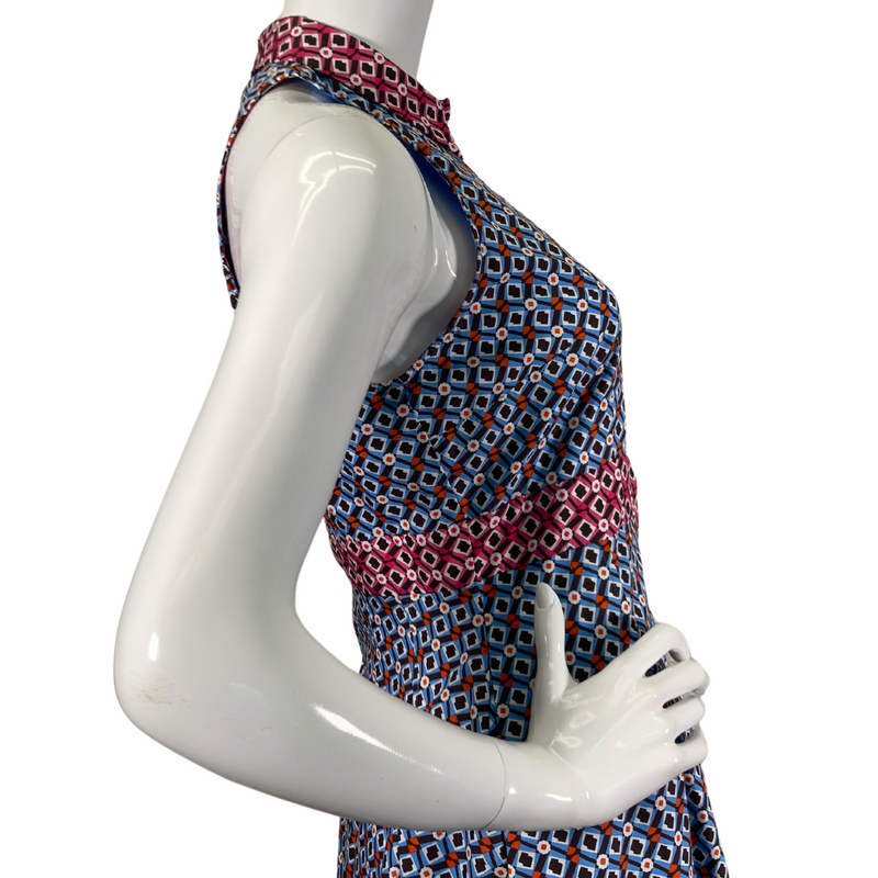 Load image into Gallery viewer, Maeve by Anthropologie Blue Retro Geometric Dress is a chic and playful sleeveless dress featuring a vibrant geometric print in shades of blue, white, and red - side view close-up
