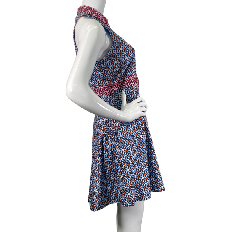 Load image into Gallery viewer, Maeve by Anthropologie Blue Retro Geometric Dress is a chic and playful sleeveless dress featuring a vibrant geometric print in shades of blue, white, and red - side view
