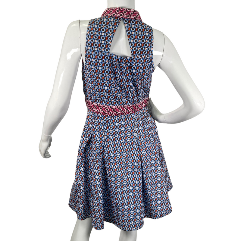 Load image into Gallery viewer, Maeve by Anthropologie Blue Retro Geometric Dress is a chic and playful sleeveless dress featuring a vibrant geometric print in shades of blue, white, and red - backside view
